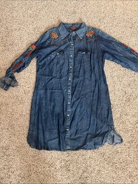 Scully Dark Blue Denim Midi Shirt Dress with Multicolor Floral Embroidery